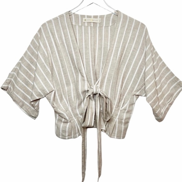 happy x nature Tops - Happy x Nature Linen blend Striped Tie Front Cropped Blouse size medium NWT